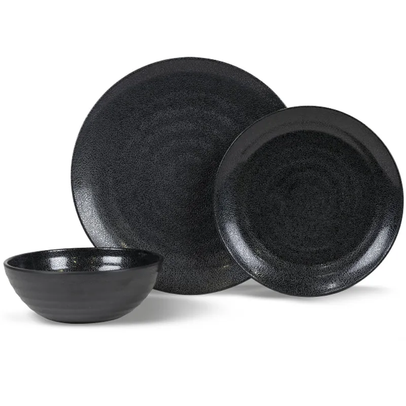 Melamin Camping Geschirr Set für 6 Personen Steingut Optik schwarz - 18 Teile - mit Tellern und Schälchen Campinggeschirr