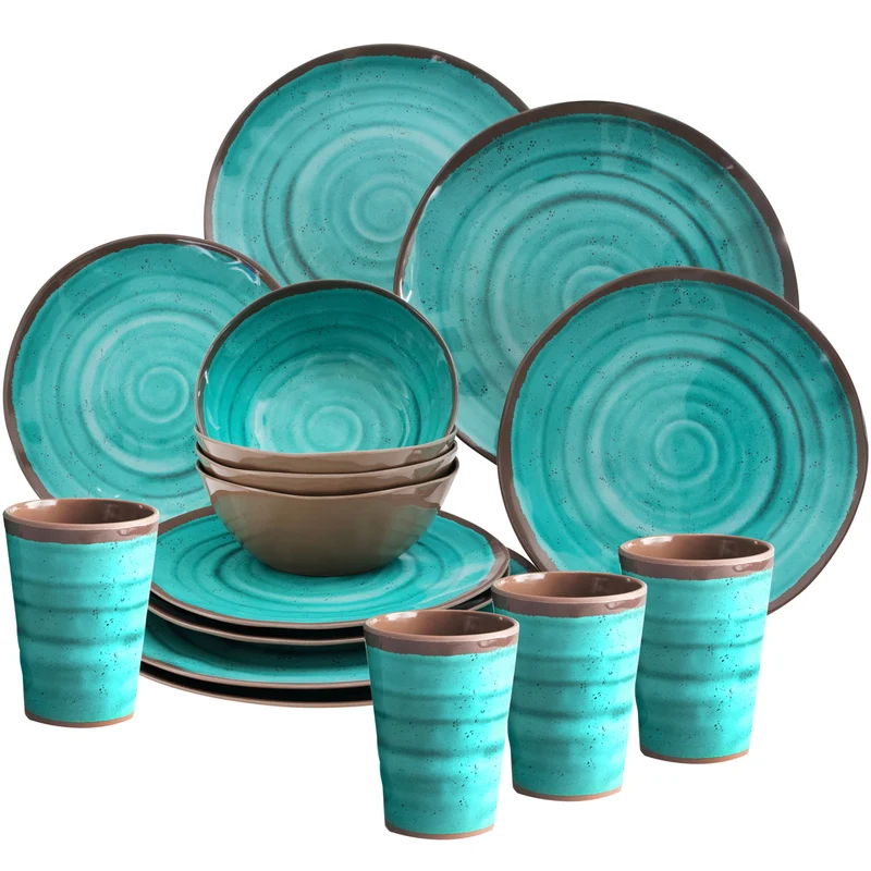 Melamin Geschirr Set Camping Geschirrset 4 Personen 16 teilig Campinggeschirr Tafelservice Tafelgeschirr Outdoor Essgeschirr Kombiservice modernes Melamingeschirr Picknickgeschirr Steingut Optik