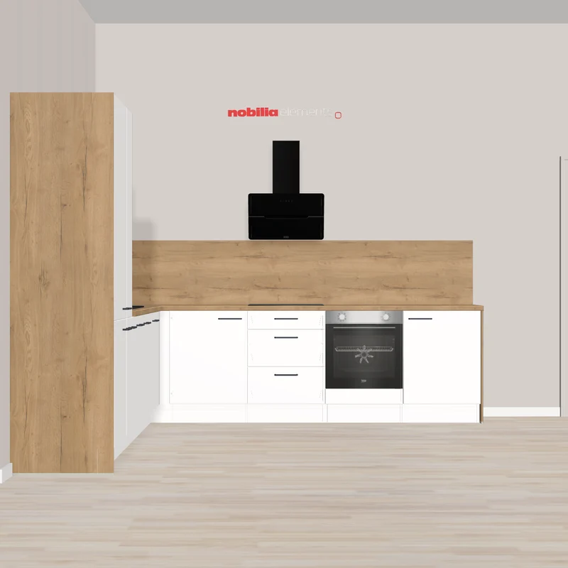 nobilia Kontrastreiche L-Küche mit warmen Holzton Maintal 337 x 307 cm Alpinweiß Eiche mit Apothekerschrank - Solo E-Geräten und viel Stauraum