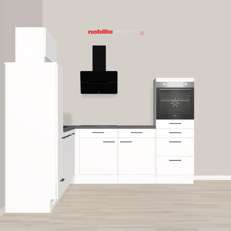 nobilia L-Wohnküche mit Stil Hofheim am Taunus 305 x 245 cm weiss Beton mit E-Geräten - Kopffreihaube - hocheingebauter Backofen - autarkes Kochfeld - Spüle SCHOCK Cristalite mit moderner Armatur in Schwarz