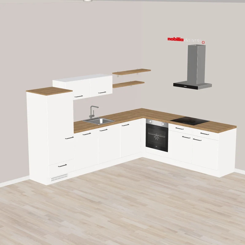 nobilia L-Form in minimalistischen Design im klassischen Arbeitsdreieck Buchholz Nordheide 305 x 245 cm weiss Eiche Sierra mit Solo-E-Geräten wie Backofen - Kochfeld - Dunstabzugshaube - Spüle mit Armatur