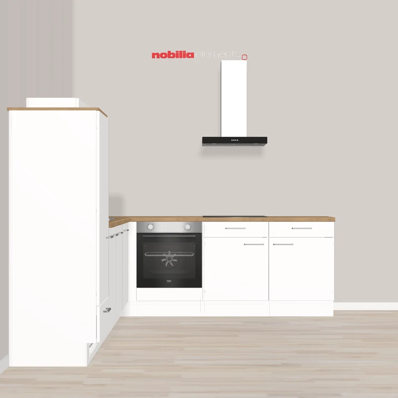 nobilia L-Form in minimalistischen Design im klassischen Arbeitsdreieck Buchholz Nordheide 305 x 245 cm weiss Eiche Sierra mit Solo-E-Geräten wie Backofen - Kochfeld - Dunstabzugshaube - Spüle mit Armatur