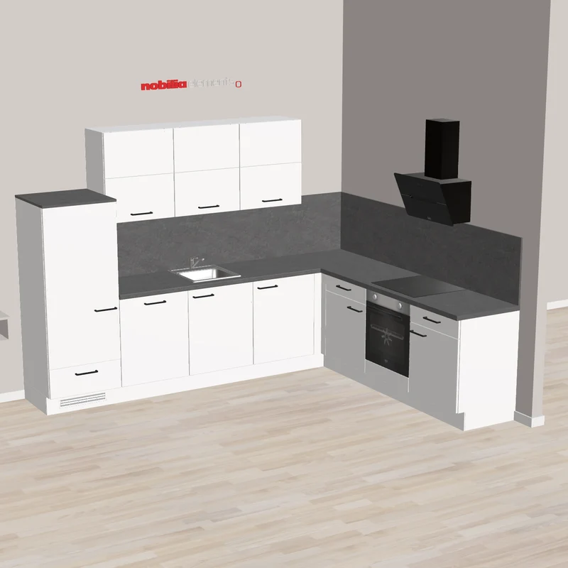 nobilia Eckküche für junge Familien Bernau 305 x 245 cm weiss Supermatt Beton grau Lifttür-Wandschränke und Schräghaube für mehr Kopffreiheit im Arbeitsbereich