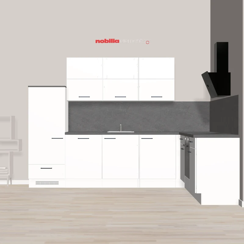 nobilia Eckküche für junge Familien Bernau 305 x 245 cm weiss Supermatt Beton grau Lifttür-Wandschränke und Schräghaube für mehr Kopffreiheit im Arbeitsbereich