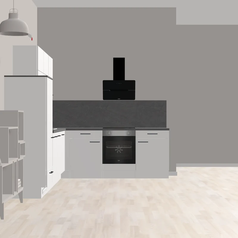 nobilia Eckküche für junge Familien Bernau 305 x 245 cm weiss Supermatt Beton grau Lifttür-Wandschränke und Schräghaube für mehr Kopffreiheit im Arbeitsbereich