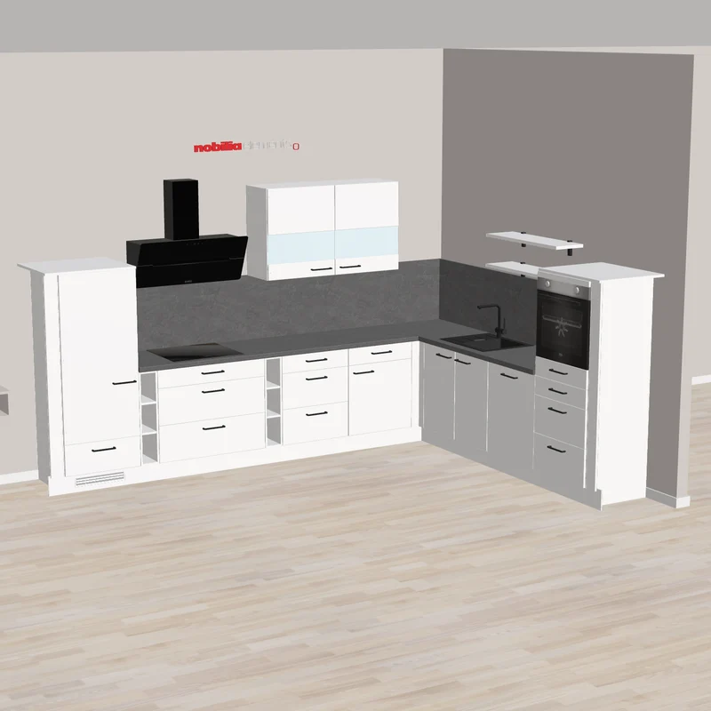 nobilia L-Küche viel Stauraum mit Highboard - viele Auszüge und Schubladen Leinfelden-Echterdingen 375 x 285 cm Alpinweiss Supermatt Beton Schiefergrau hocheingebauten Backofen und 90cm Schräghaube Franke Spüle Carbon Tectonite Ausstattung