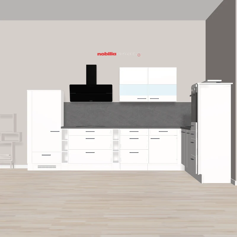 nobilia L-Küche viel Stauraum mit Highboard - viele Auszüge und Schubladen Leinfelden-Echterdingen 375 x 285 cm Alpinweiss Supermatt Beton Schiefergrau hocheingebauten Backofen und 90cm Schräghaube Franke Spüle Carbon Tectonite Ausstattung