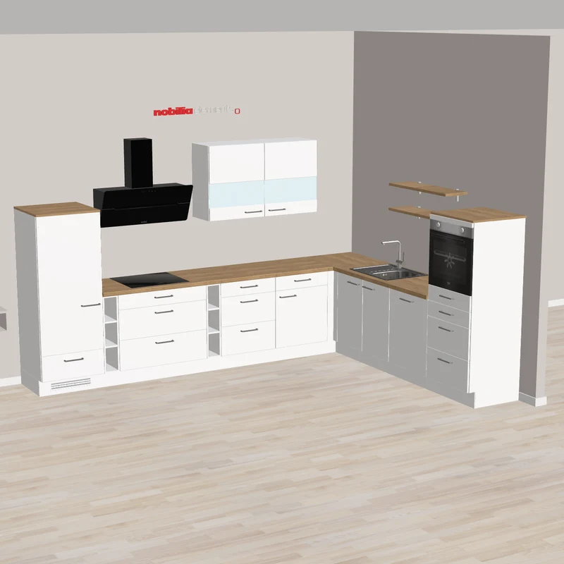 nobilia Ecklösung Einbauküche Junges Wohnen Weißenfels 365 x 275 cm weiß Sierra Holzfarben mit vielen Auszügen und Schubladen - 90cm Schräghaube für mehr Kopffreiheit beim Kochen