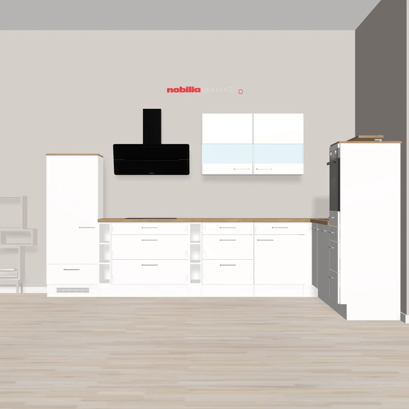 nobilia Ecklösung Einbauküche Junges Wohnen Weißenfels 365 x 275 cm weiß Sierra Holzfarben mit vielen Auszügen und Schubladen - 90cm Schräghaube für mehr Kopffreiheit beim Kochen