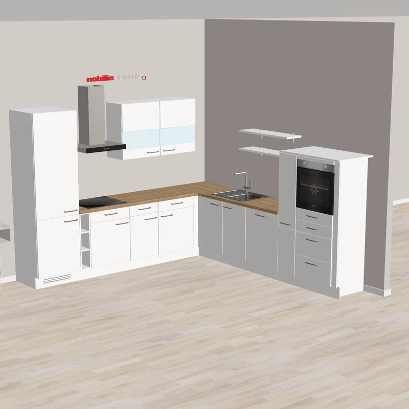 nobilia L-Küche Budget-stark und kompakt Pirmasens 305 x 312 cm weiß matt Holzfarben junges Design für die kleine Familie und Apothekerschrank - teilweise mit E-Geräten inklusive