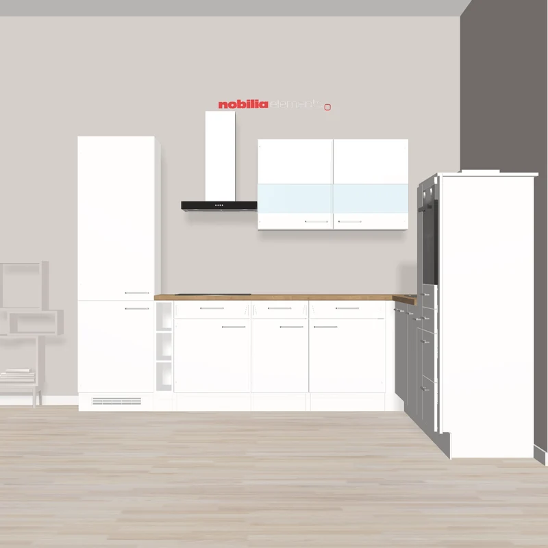 nobilia L-Küche Budget-stark und kompakt Pirmasens 305 x 312 cm weiß matt Holzfarben junges Design für die kleine Familie und Apothekerschrank - teilweise mit E-Geräten inklusive