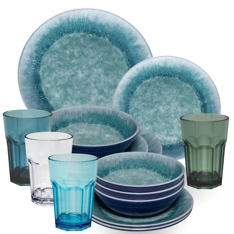 Melamin Geschirr Set Adria Blue für 4 Personen - 16 Teile Blau - mit farblich passenden Trinkgläsern 400 ml aus Acryl Steingutoptik Campinggeschirr