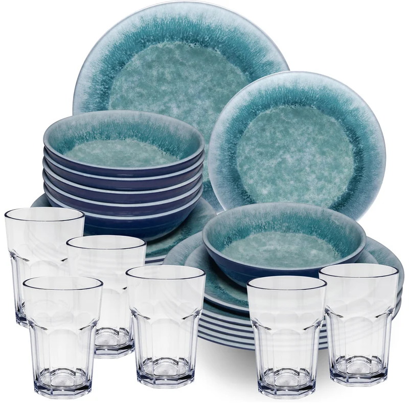 Melamin Geschirr Set Adria Blue für 6 Personen - 24 Teile Blau - mit klarem Trinkglas 400 ml aus Acryl Steingutoptik Campinggeschirr
