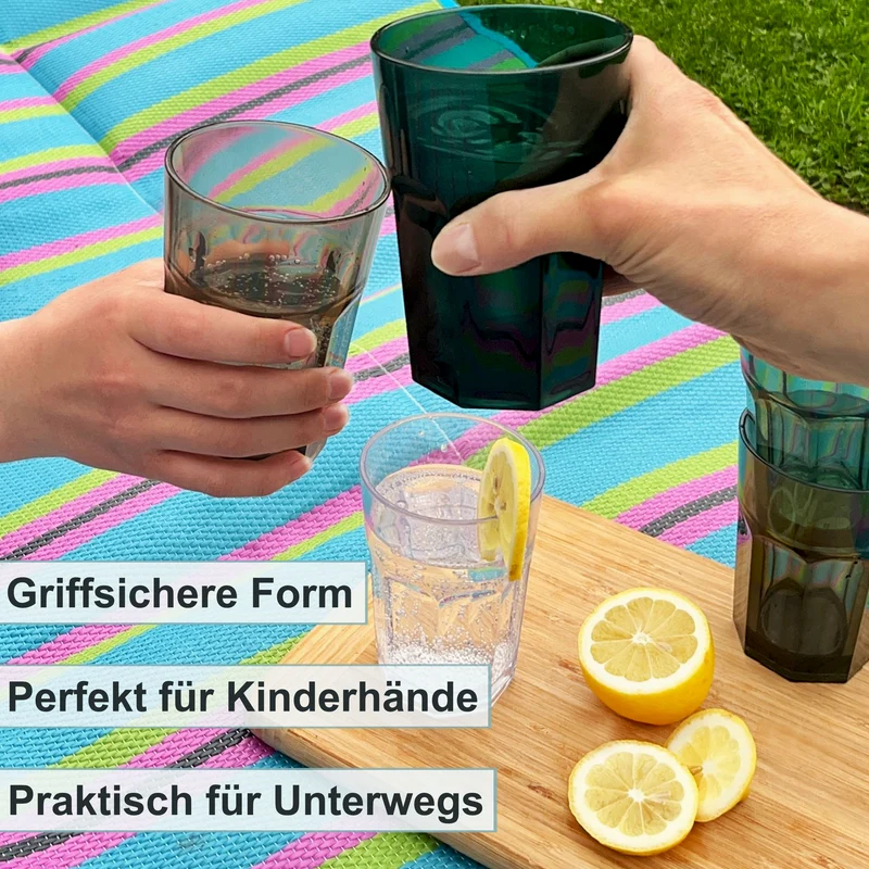 Melamin Geschirr Set Jesolo Blau für 6 Personen - 24 Teile - mit farblich passenden Trinkgläsern 400ml aus Acryl - Campinggeschirr