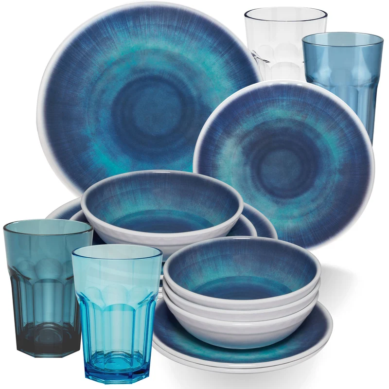 Melamin Geschirr Set Jesolo Blau für 4 Personen - 16 Teile - mit farblich passenden Trinkgläsern 400ml aus Acryl - Campinggeschirr