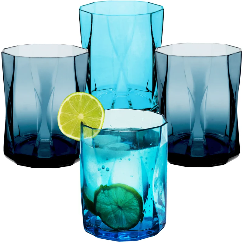 Melamin Geschirr Set Jesolo Blau für 4 Personen - 16 Teile - mit farblich passenden Trinkgläsern 300ml aus Acryl Campinggeschirr