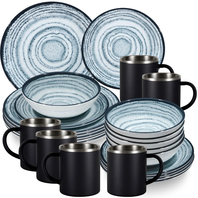 Melamin Geschirr Set Blau Schiefer für 6 Personen - 24 Teile - mit Edelstahl Thermo Tassen Steingutoptik Spülmaschinengeeignet Essgeschirr Campingzubehör Campinggeschirr Wohnwagen Camping Festival Picknick Gartenparty