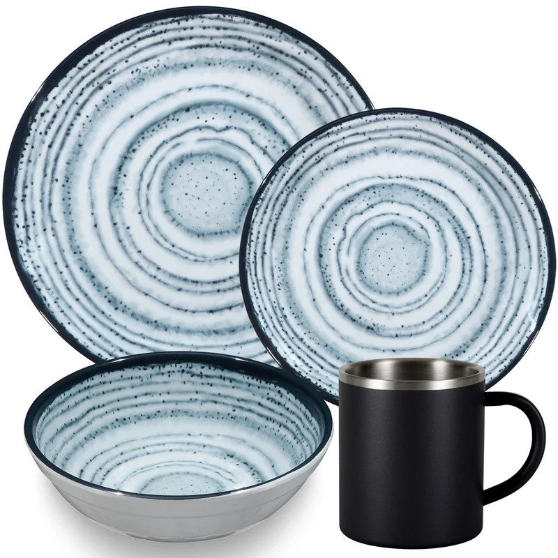 Melamin Geschirr Set Blau Schiefer für 6 Personen - 24 Teile - mit Edelstahl Thermo Tassen Steingutoptik Spülmaschinengeeignet Essgeschirr Campingzubehör Campinggeschirr Wohnwagen Camping Festival Picknick Gartenparty