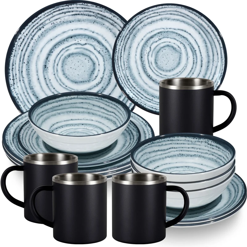 Melamin Geschirr Set Blau Schiefer für 4 Personen - 16 Teile - mit Edelstahl Thermo Tassen Steingutoptik Spülmaschinengeeignet Essgeschirr Campingzubehör Campinggeschirr Wohnwagen Camping Festival Picknick Gartenparty