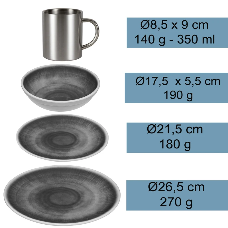 Melamin Geschirr Set Blau Schiefer für 4 Personen - 16 Teile - mit Edelstahl Thermo Tassen Steingutoptik Spülmaschinengeeignet Essgeschirr Campingzubehör Campinggeschirr Wohnwagen Camping Festival Picknick Gartenparty