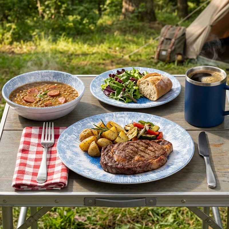 Melamin Geschirr Set Wish Flower Blau für 6 Personen - 24 Teile - mit Edelstahl Thermo Tassen Pusteblume Steingutoptik Spülmaschinengeeignet Essgeschirr Campingzubehör Campinggeschirr Wohnwagen Camping Festival Picknick Gartenparty