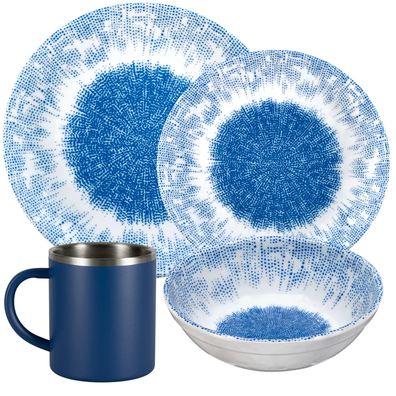 Melamin Geschirr Set Wish Flower Blau für 4 Personen - 16 Teile - mit Edelstahl Thermo Tassen Pusteblume Steingutoptik Spülmaschinengeeignet Essgeschirr Campingzubehör Campinggeschirr Wohnwagen Camping Festival Picknick Gartenparty