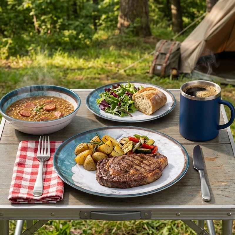 Melamin Geschirr Set Lagune für 4 Personen - 16 Teile - mit Edelstahl Thermo Tassen Steingutoptik Spülmaschinengeeignet Essgeschirr Campingzubehör Campinggeschirr Wohnwagen Camping Festival Picknick Gartenparty