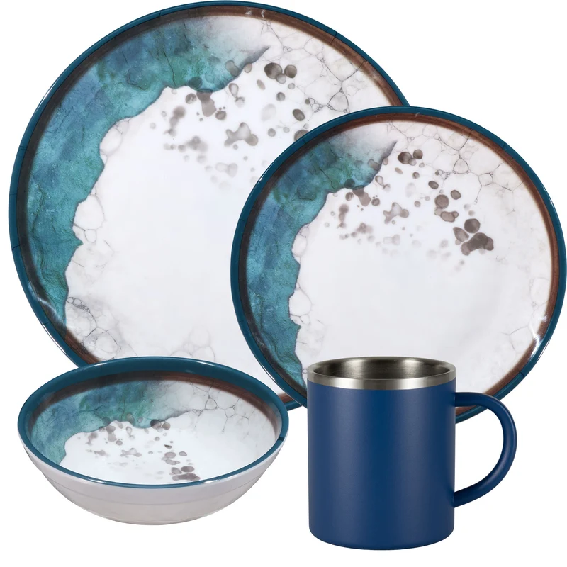 Melamin Geschirr Set Lagune für 2 Personen - 8 Teile - mit Edelstahl Thermo Tassen Steingutoptik Spülmaschinengeeignet Essgeschirr Campingzubehör Campinggeschirr Wohnwagen Camping Festival Picknick Gartenparty