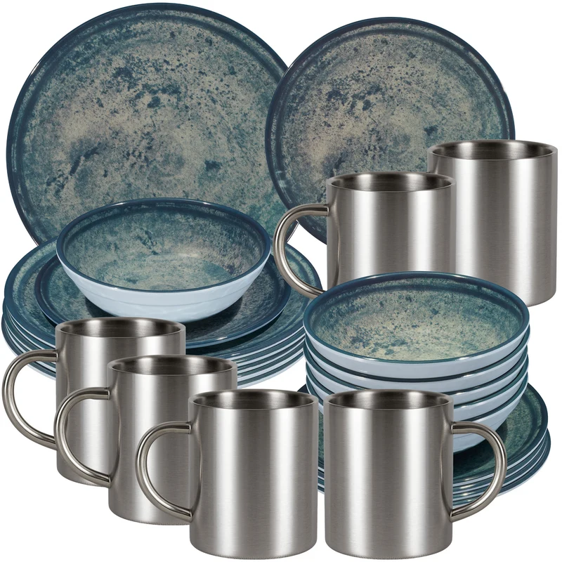 Melamin Geschirr Set Mondgranit Blau-Grau für 6 Personen - 24 Teile - mit Edelstahl Thermo Tassen Steingutoptik Spülmaschinengeeignet Essgeschirr Campingzubehör Campinggeschirr Wohnwagen Camping Festival Picknick Gartenparty