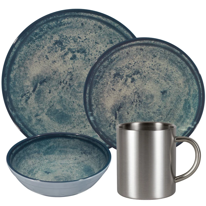 Melamin Geschirr Set Mondgranit Blau-Grau für 6 Personen - 24 Teile - mit Edelstahl Thermo Tassen Steingutoptik Spülmaschinengeeignet Essgeschirr Campingzubehör Campinggeschirr Wohnwagen Camping Festival Picknick Gartenparty