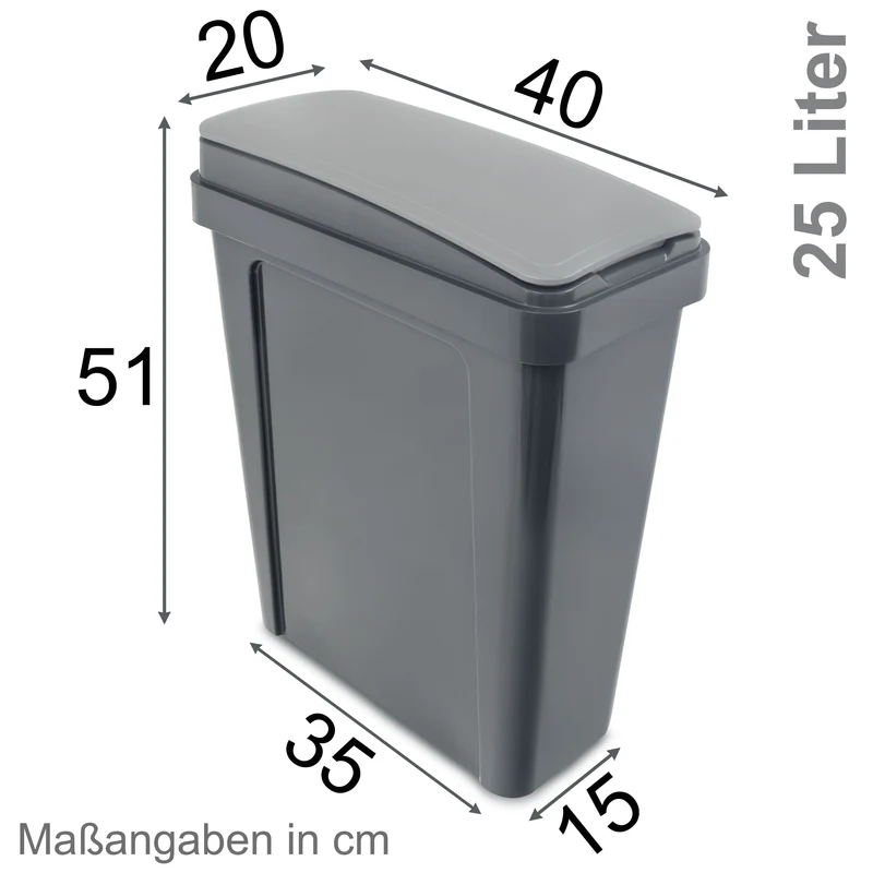 25 Liter Mülltonne Dunkel-Grau Recyclingtonne 20x40x50cm mit abnehmbarem Klappdeckel - Schmal Küche Mistkübel Trash Bin Groß Küchenabfalleimer Papiermülleimer