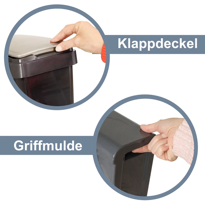 25 Liter Mülltonne Dunkel-Grau Recyclingtonne 20x40x50cm mit abnehmbarem Klappdeckel - Schmal Küche Mistkübel Trash Bin Groß Küchenabfalleimer Papiermülleimer