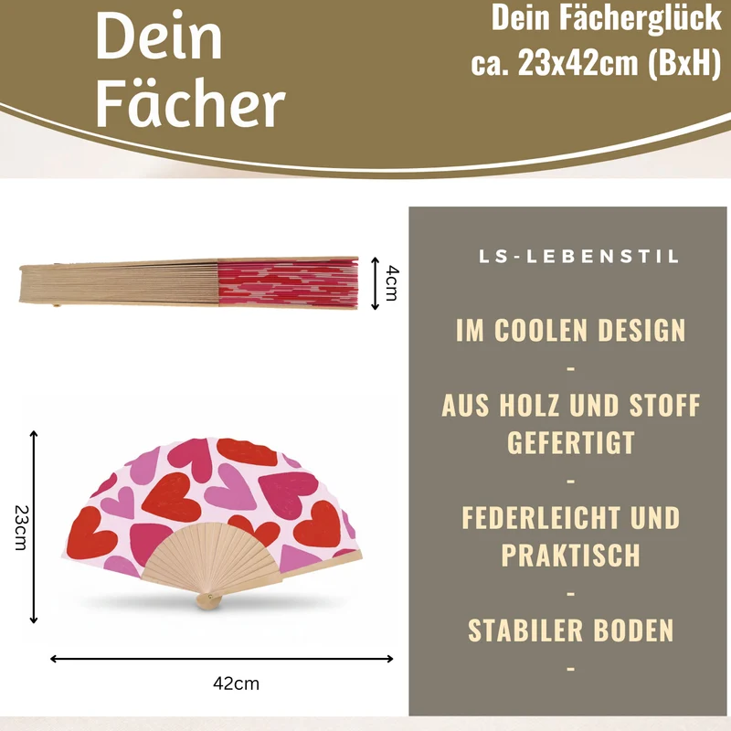Handfächer Holz Stoff Fächer "Herzen" Rot Pink faltbar Faltfächer