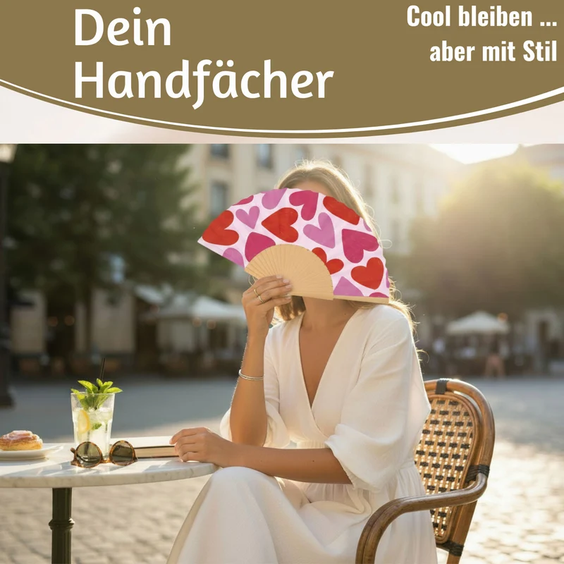 Handfächer Holz Stoff Fächer "Herzen" Rot Pink faltbar Faltfächer