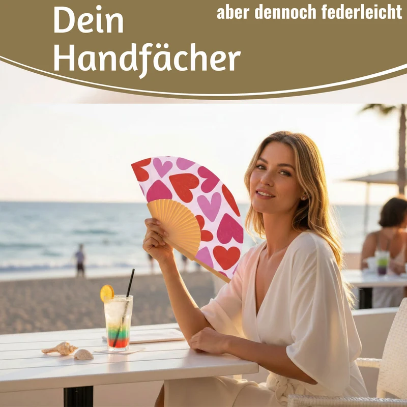 Handfächer Holz Stoff Fächer "Herzen" Rot Pink faltbar Faltfächer