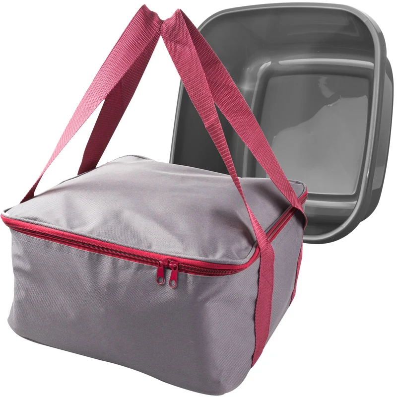 Aufbewahrungstasche 32x32x17 cm grau-weinrot mit WASCHSCHÜSSEL - ideal für Campinggeschirr Keder-Nahtverstäkung - Reißverschluß - Tragetasche Campingzubehör - Tasche für Melamingeschirr - Outdoor
