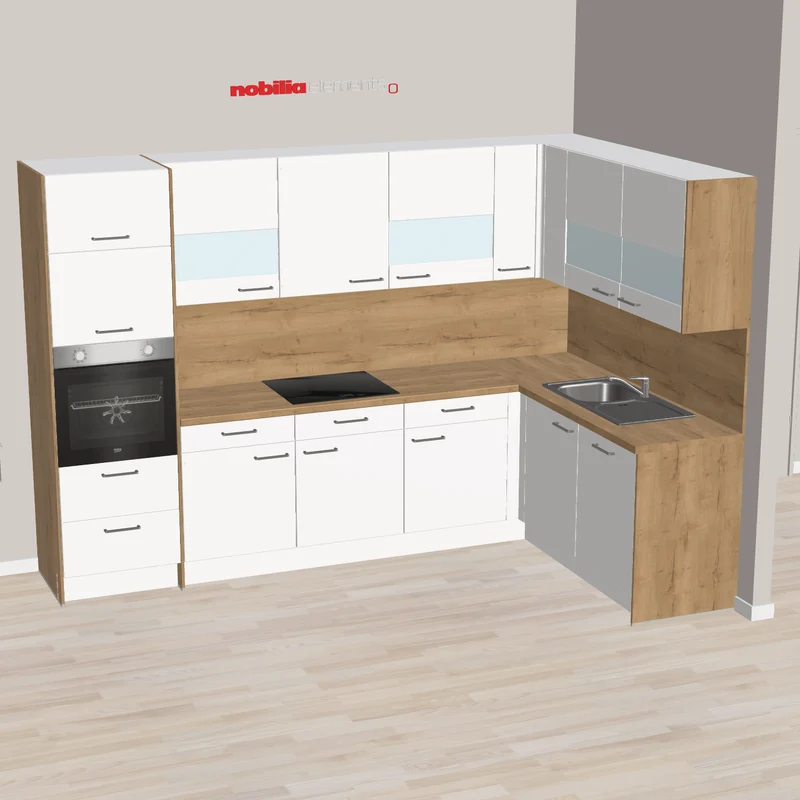 nobilia L-Küche mit warmen Holztönen Hückelhoven 308 x 187 cm Alpinweiss Supermatt Eiche Sierra hocheingebauter Backofen und Lifttür für Standgerät-Mikrowelle