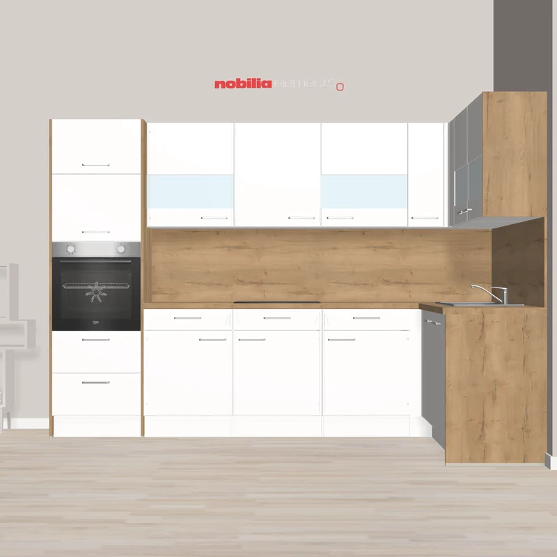 nobilia L-Küche mit warmen Holztönen Hückelhoven 308 x 187 cm Alpinweiss Supermatt Eiche Sierra hocheingebauter Backofen und Lifttür für Standgerät-Mikrowelle