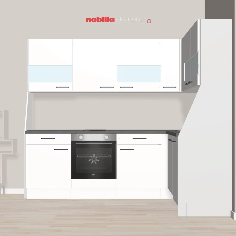 nobilia Kompakt & klar schöne L-Küche mit Ablußwangen Neumarkt 246 x 186 cm weiss Beton grau mit Backofen - Kochfeld - Schrank für Flachschirmhaube und Glaselementen