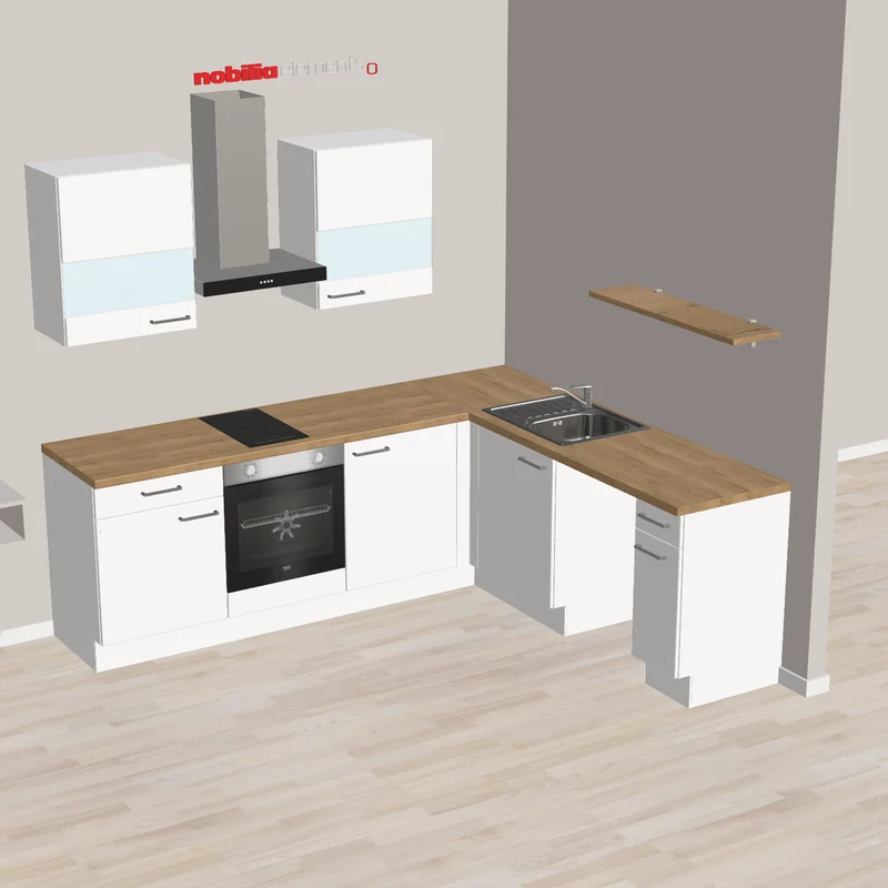 nobilia Budgetfreundliche Startküche in L-Form Germering 245 x 215 cm weiss Eiche teilweise mit E-Geräte mit Platz für die eigenen Standgeräte wie GS oder KG