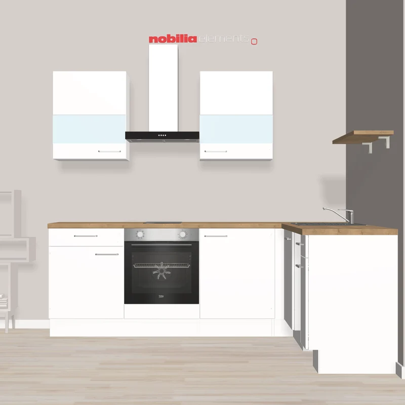 nobilia Budgetfreundliche Startküche in L-Form Germering 245 x 215 cm weiss Eiche teilweise mit E-Geräte mit Platz für die eigenen Standgeräte wie GS oder KG