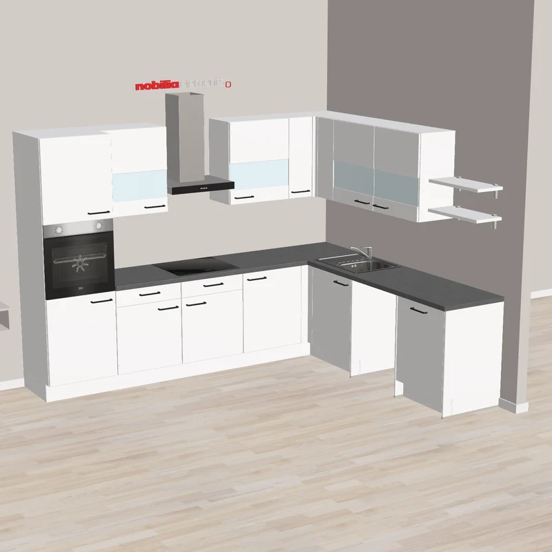 nobilia L-Küche für kleine Familien Schwäbisch Hall 305 x 251 cm Alpinweiss matt schwarze Arbeitsplatte mit Platz für Waschmaschine und freihstehender Kühlgefrierkombination