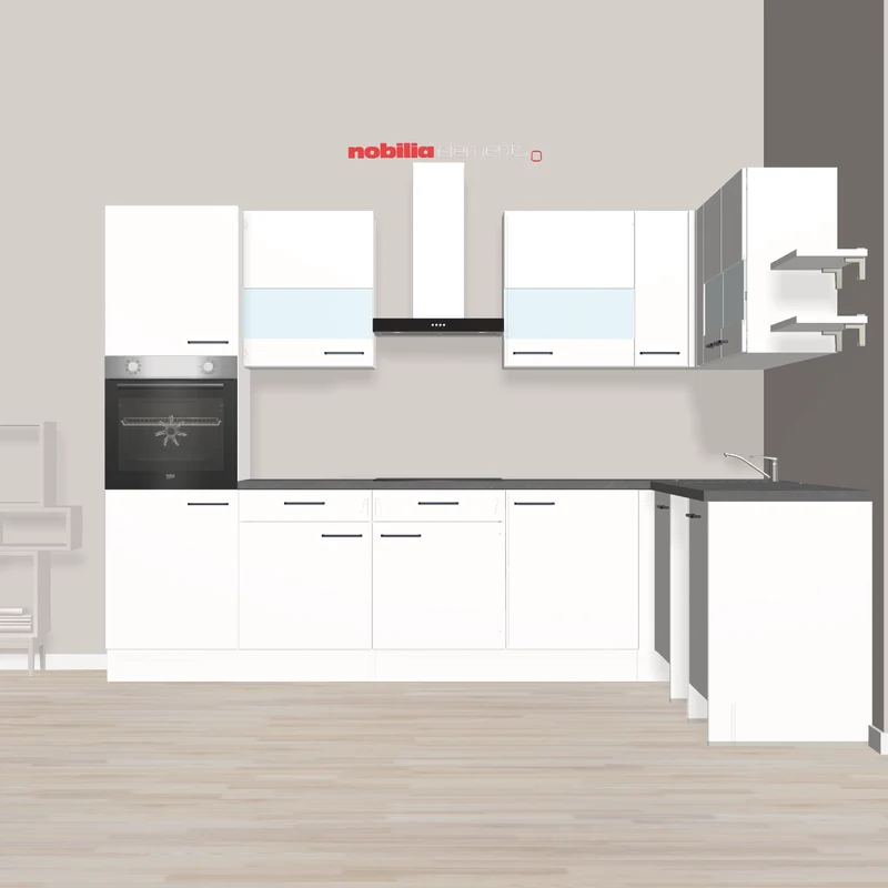 nobilia L-Küche für kleine Familien Schwäbisch Hall 305 x 251 cm Alpinweiss matt schwarze Arbeitsplatte mit Platz für Waschmaschine und freihstehender Kühlgefrierkombination