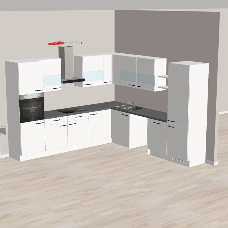 nobilia Eckküche mit Hochschrank Lemgo 305 x 310 cm weiß Supermatt Anthrazit mit Glaswandschränken in moderner Ausführung und vielen Geräten - Platz für Waschmaschine