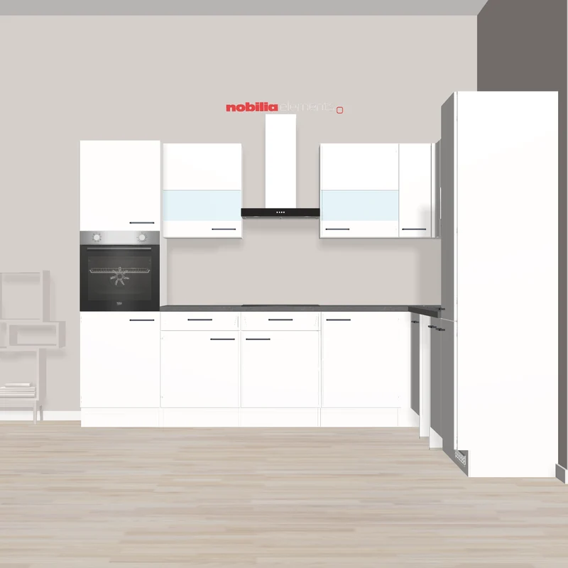 nobilia Eckküche mit Hochschrank Lemgo 305 x 310 cm weiß Supermatt Anthrazit mit Glaswandschränken in moderner Ausführung und vielen Geräten - Platz für Waschmaschine