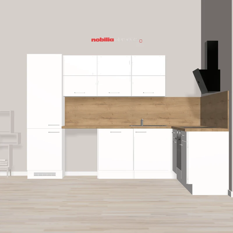 nobilia Winkelküche mit viel Platz für die junge Familie Freiberg 307 x 245 cm Alpinweiß Supermatt warmer Holzton und Platz für Waschmaschine