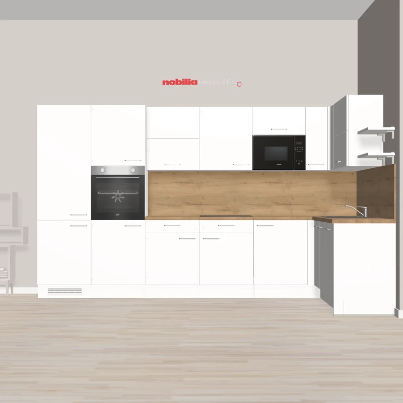 nobilia Schöne L-Küche in zeitlosem Design Bensheim 365 x 217 cm Alpinweiss Eiche Holzfarben mit vielen E-Geräte individuell konfigurierbar