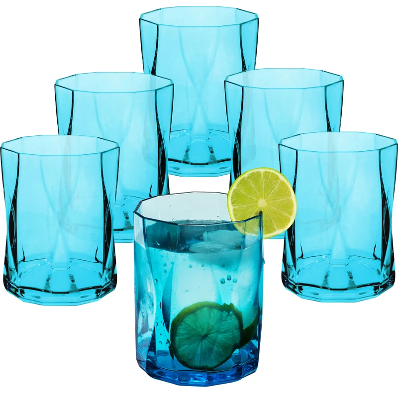 Melamin Geschirr Set Jesolo Blau für 6 Personen - 24 Teile - mit farblich passenden Trinkgläsern 300ml aus Acryl Campinggeschirr