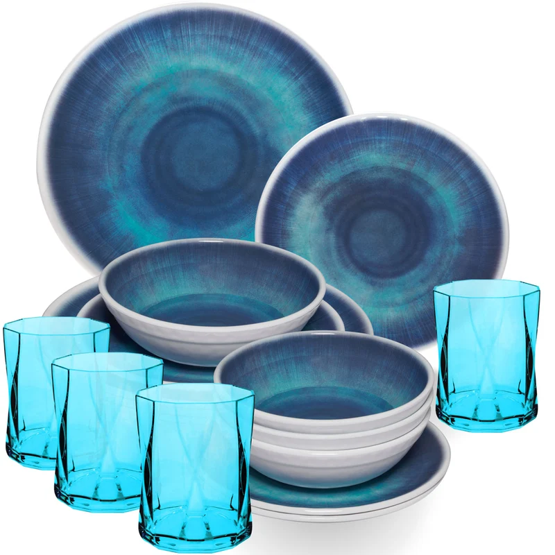 Melamin Geschirr Set Jesolo Blau für 4 Personen - 16 Teile - mit farblich passenden Trinkgläsern 300ml aus Acryl Campinggeschirr