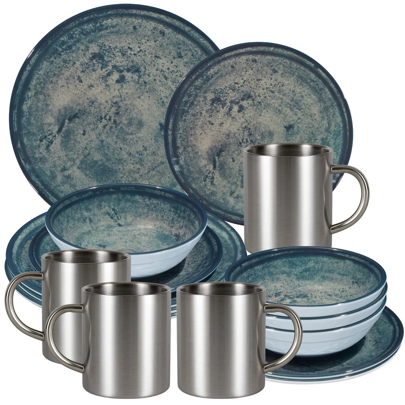 Melamin Geschirr Set Mondgranit Blau-Grau für 4 Personen - 16 Teile - mit Edelstahl Thermo Tassen Steingutoptik Spülmaschinengeeignet Essgeschirr Campingzubehör Campinggeschirr Wohnwagen Camping Festival Picknick Gartenparty